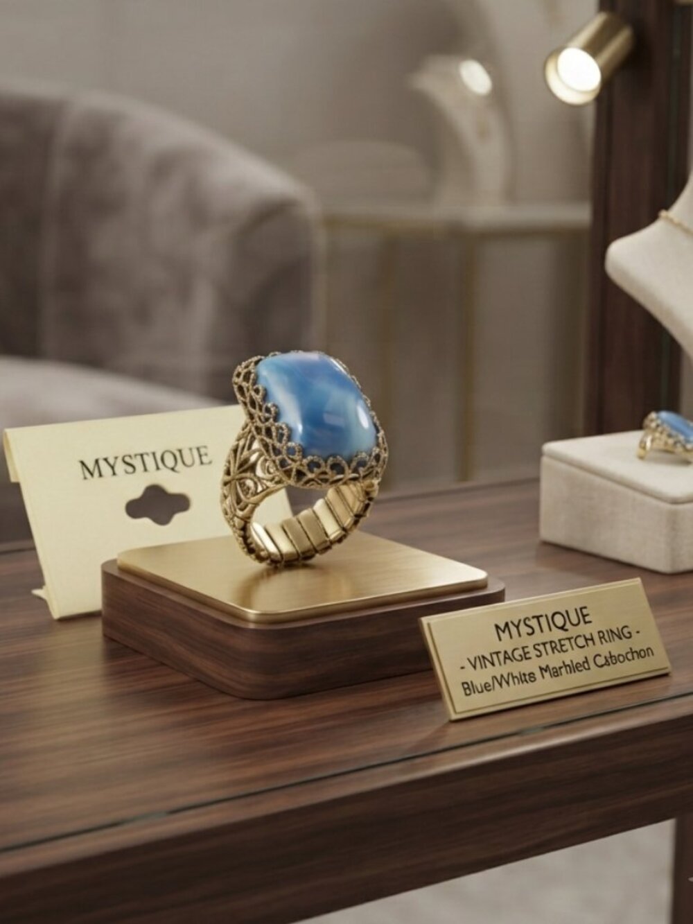 Mystique Blue Cabochon Gold-Tone Filigree Stretch Ring